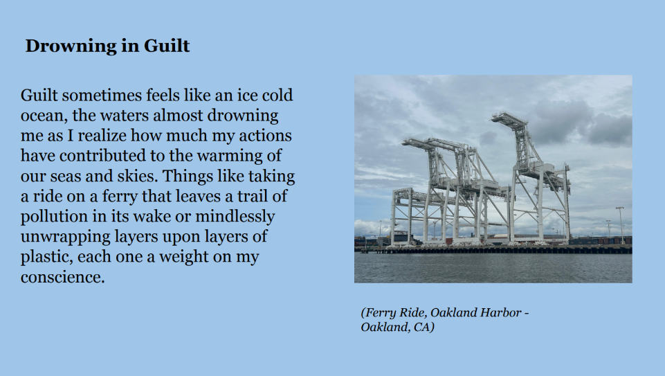 Photo of cargo container movers near the water. Caption: Ferry Ride, Oakland Harbor - 
Oakland, CA. Text: Drowning in Guilt. Guilt sometimes feels like an ice cold 
ocean, the waters almost drowning 
me as I realize how much my actions 
have contributed to the warming of 
our seas and skies. Things like taking 
a ride on a ferry that leaves a trail of 
pollution in its wake or mindlessly 
unwrapping layers upon layers of 
plastic, each one a weight on my 
conscience.